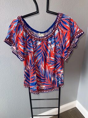 Flying Tomato Red & Blue Printed Peasant Top -